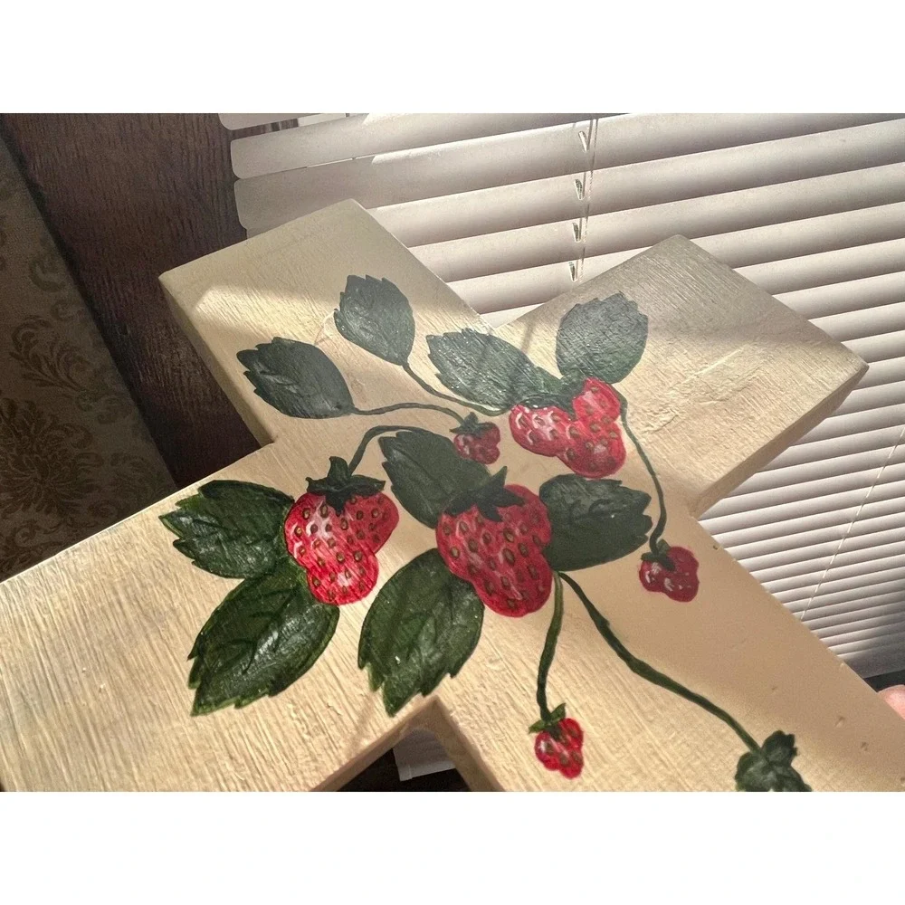 Vintage Retro Folk Art Hand‑Painted Wooden Cross with Strawberries Cottage